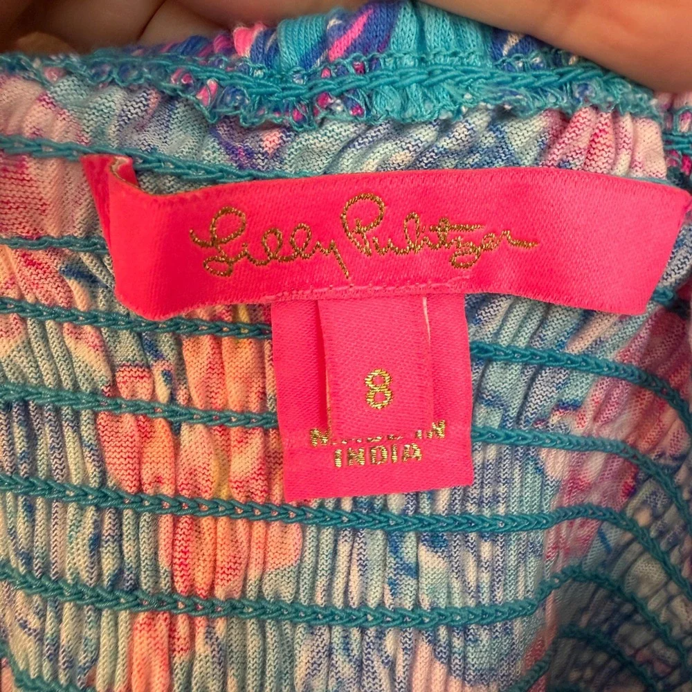 Lilly Pulitzer Floral Cotton Dress‎ Size 8 Blue Pink Tropical Puff Sleeve Resort